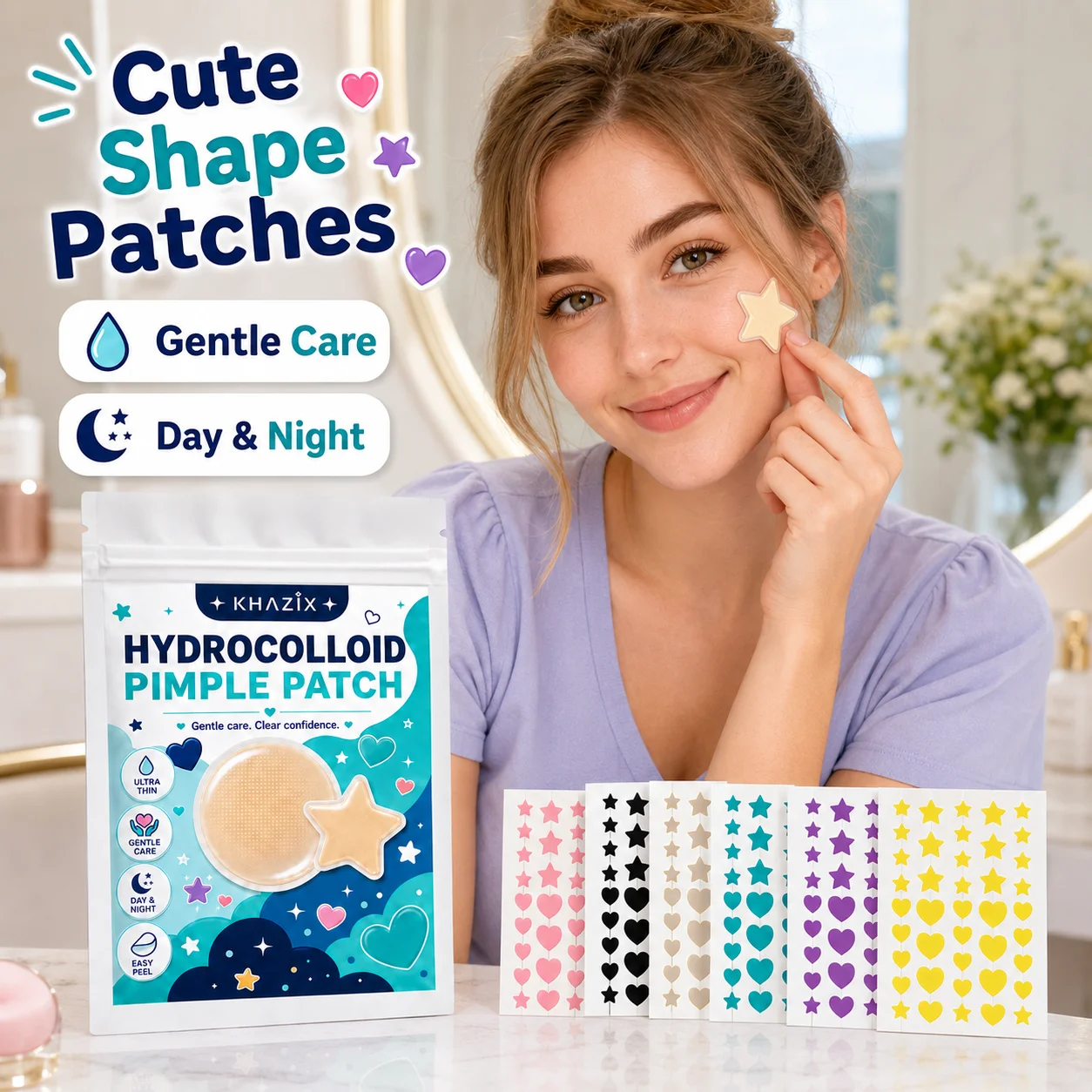 216/432Pcs Star & Heart Hydrocolloid Facial Concealer Patches, 8 Vibrant Colors, Ultra Thin Invisible Blemish Cover, Easy Peel