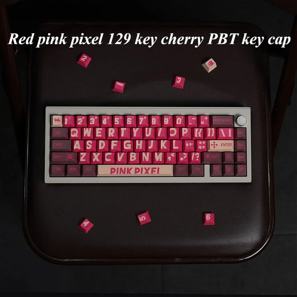 Red Pink Pixel 129 Keys, Cherry, Mechanical Keyboard Accessories PBT Keycaps for MX Switch Keyboard Keycaps