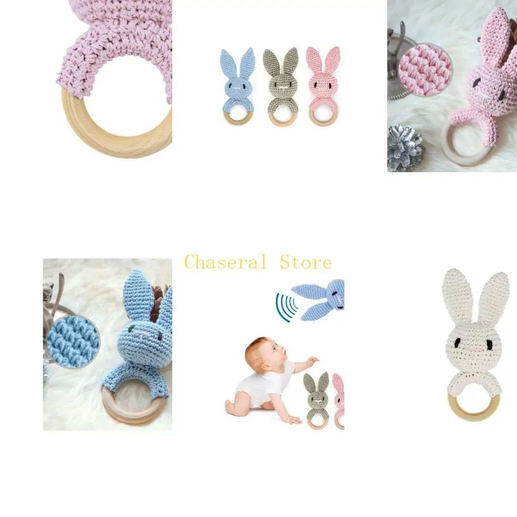E7CE Handmade BPA Chewing Teething Gifts Baby Wooden Ring Knitted Teether