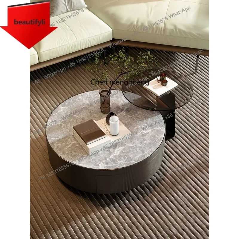 

Q181 Italian light luxury stainless steel round rock slab coffee table living room household coffee table with drawers