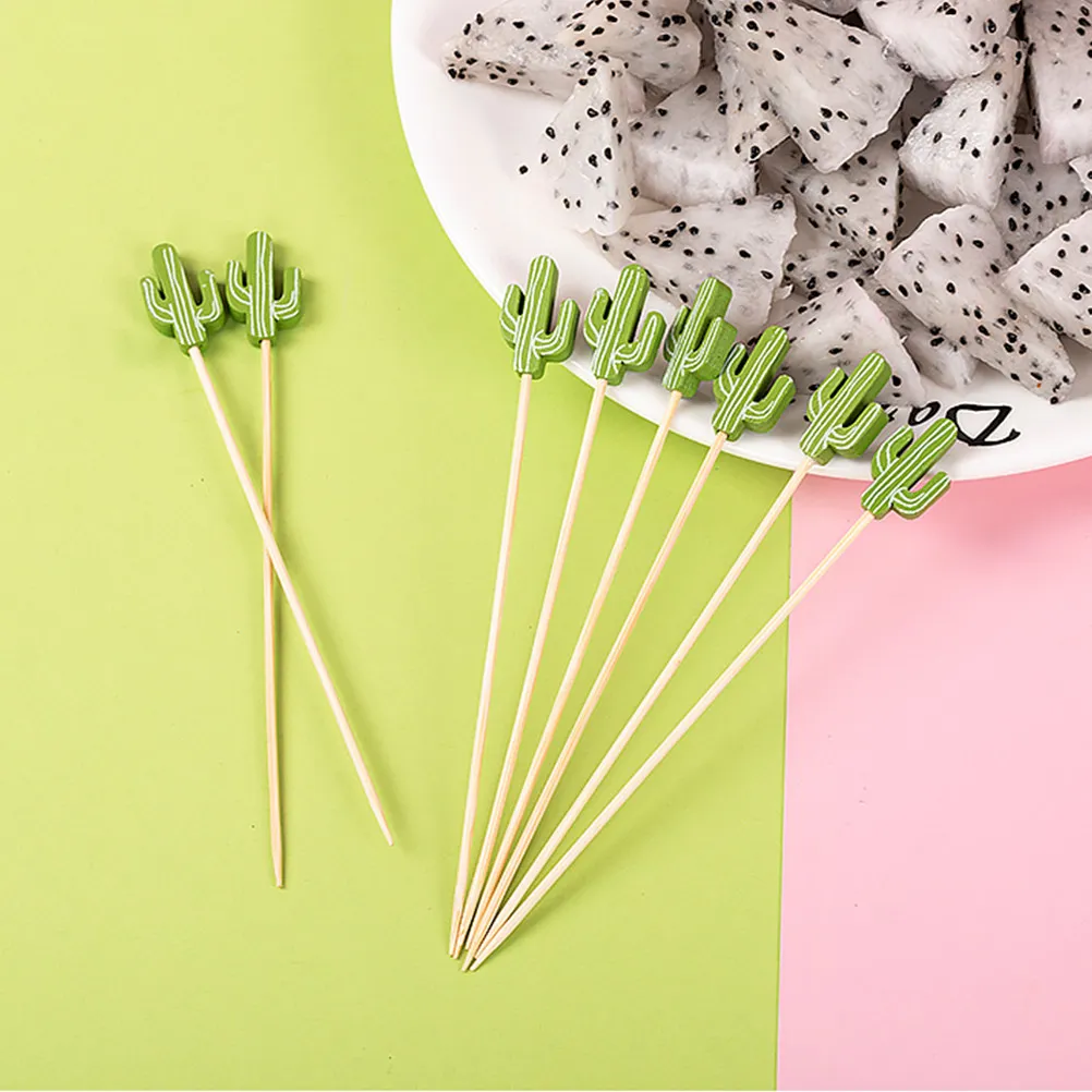 100Pcs Wooden Cocktail Toothpicks Hawaiian Flamingo Pineapple Cactus Design Fruit Skewers for Drinks Appetizers Parties Food view 5