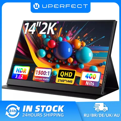 UPERFECT 14" 2K Moniteur portable 2160 * 1440 QHD Écran externe avec deux haut-parleurs HDR FreeSync Deuxième écran pour ordinateur portable PC Téléphone Console de jeu