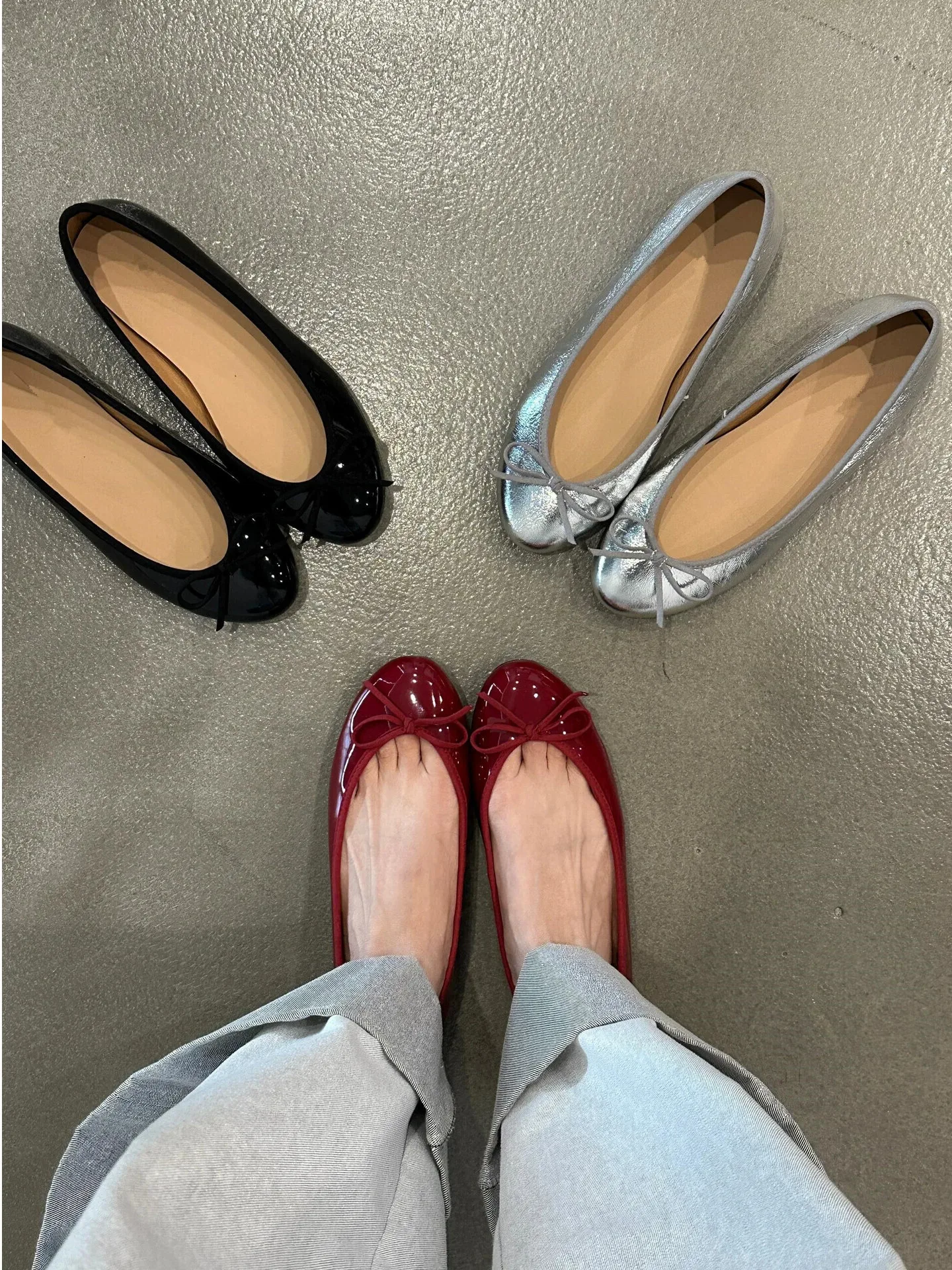 silver-leather-ballet-flats-women's-round-toe-flat-heel-fashionable-knot-slip-on-shoes-comfortable-casual-footwear