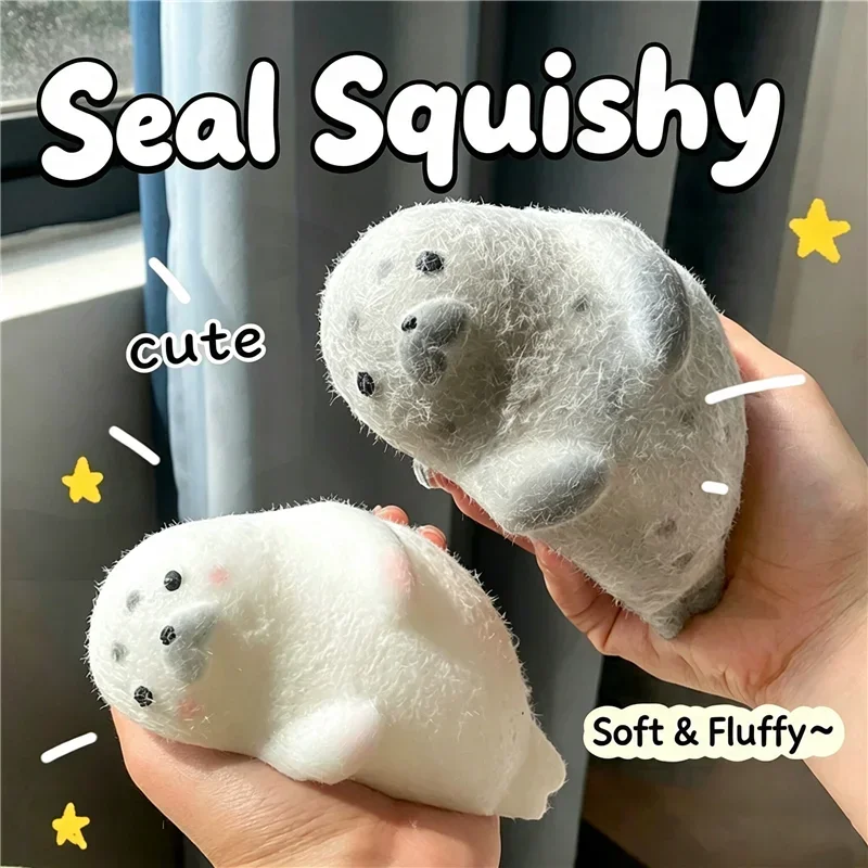 Cute Fluffy Seal Squishy Squeeze Toy Soft TPR Flocking Simulation Animal Seal Stress Relief Fidget Desk Decor Anti-anxiety Gift
