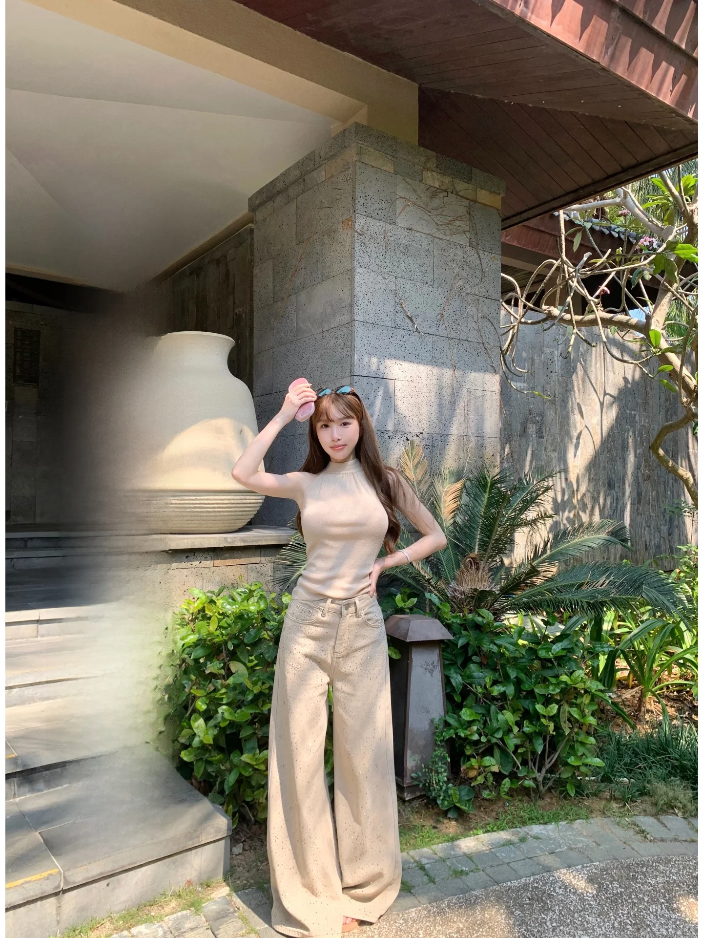

Khaki Color Rhinestone Embellished Wide Leg Jeans Women's Spring Fashion Cotton Natural Waist Slightly Stretchy Denim Pants