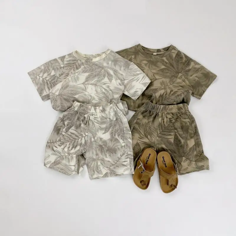 

2026 Summer New Children Cotton Casual Clothes Set Boys Girls Vintage Print T Shirts + Shorts 2pcs Suit Toddler Outfits