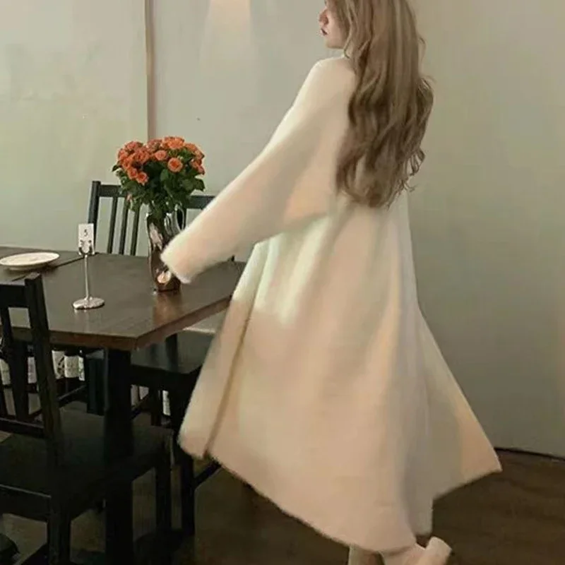 Fluffy Long Cardigan Women Winter Elegant Korean Solid Coat Sweet Long Sleeve Loose Office Lady Midi Knitted Sweater Outwear