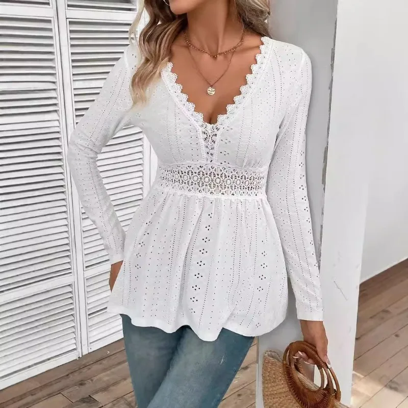 

White Elegant V Neck Hollow Women'S Solid Lace Long Sleeve Blouse Tight High Slim Waist Spliced Casual Chic A-Line Top Spring