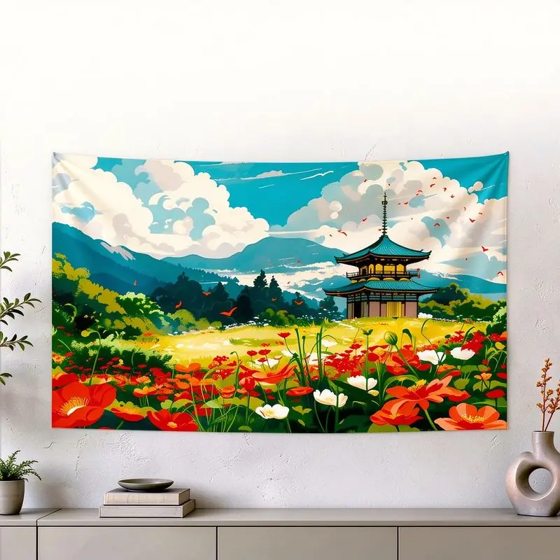 VIKAMA Laughing Monk Lotus Pond Wall Hanging Tapestry for Living Room Dorm Aesthetic Soft Hippie Boho Retro Trendy Home Decor