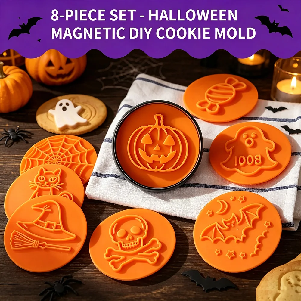 Spooky Halloween Magnetic Cookie Stamp Cutters 8 Pack 3D Embossing Press Molds DIY Festival Pastry Fondant Making Decorating Too
