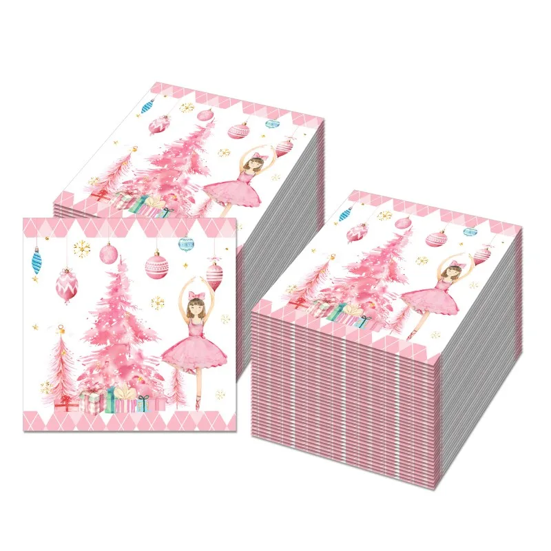 60pcs Nutcracker Printed Paper Napkins Pink Xmas Tree Disposable Dinner Serviettes for Winter Holiday Banquet Table Decoration