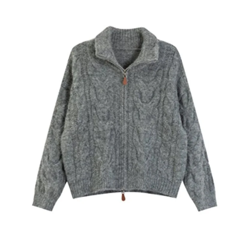 2026 outono inverno novo chique duplo zíper cardigan feminino retro solto lapela malha torção camisola nova casual roupas versáteis