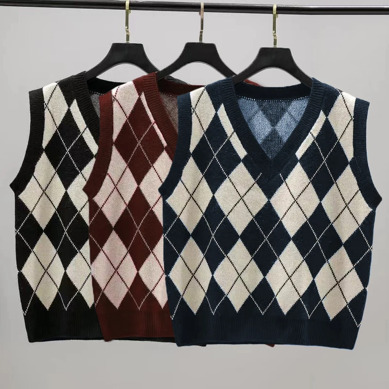 Women Contrast Color Argyle Vest Preppy Style V-neck Fall Sweater Vest Vintage Sleeveless Pullover Loose Knit JK Waistcoat Tops