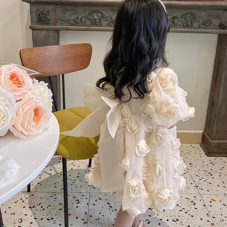 Children's Clothing Girls' 2024 Summer Dress Children's Sweet Three-dimensional Flower Organza Bow Dress