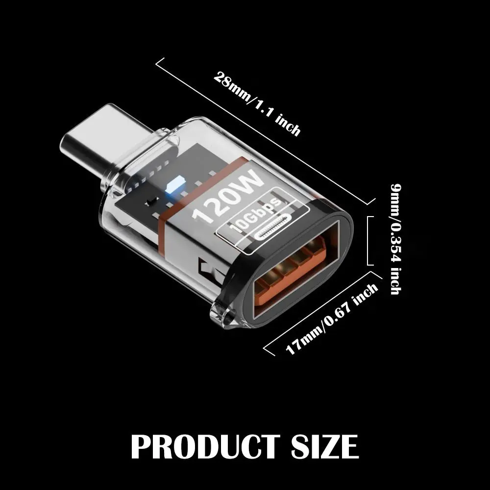 Konwerter 10 Gb/s Type-C na USB-A ze wskaźnikiem, PD 120W, przedłużacz USB-C, przezroczysty adapter OTG męski na żeński do laptopa/telefonu komórkowego