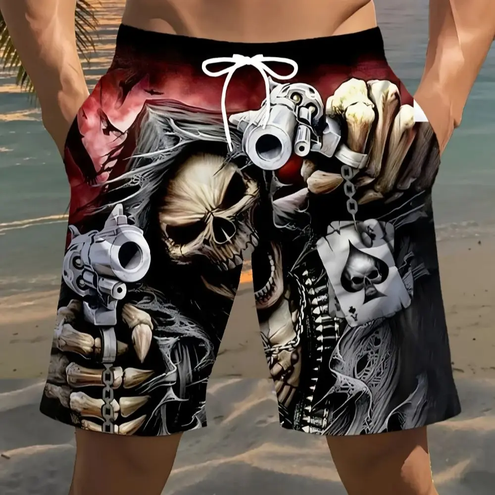 

Men's Skull Print Beach Shorts Lightweight Soft Texture Summer Casual Sweatpants Gym Basketball Fishing and Outdoor Activities