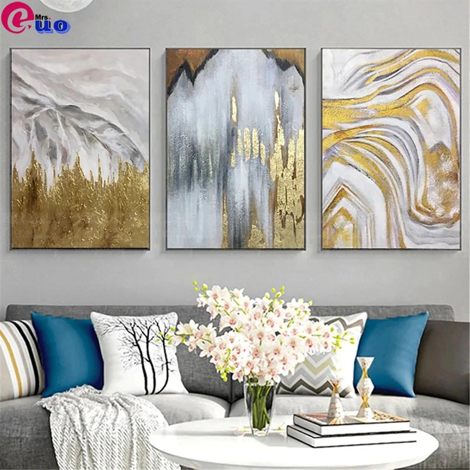 3 Pieces Hand Painted Diamond Painting Modern Abstract mountain Landscape Painting For Living Room Diamond Mosaic Cross Stitch