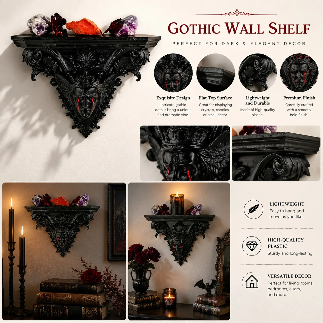 Plastic Gothic Wall Shelf, Ornate Crowned Weeping Face Carved Floating Shelf for Crystal Display Home Wall Decor