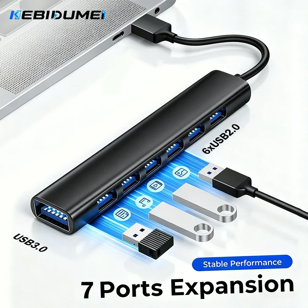KEBIDUMEI USB 3.0 Hub 5 Gbit/s Hochgeschwindigkeits-USB-C-Hub mit 7 Anschlüssen, USB-Splitter, Multi-Extender, OTG-Adapter für PC, Laptop, Macbook Pro