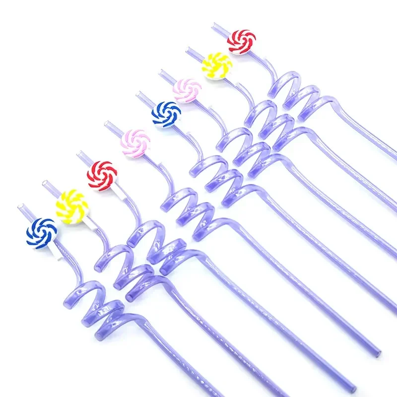 8pcs 26cm Cartoon Animals Mexico/cat/volleyball Straws Reusable Purple Plastic Spiral Drinking Straws Kids Birthday Party Decor