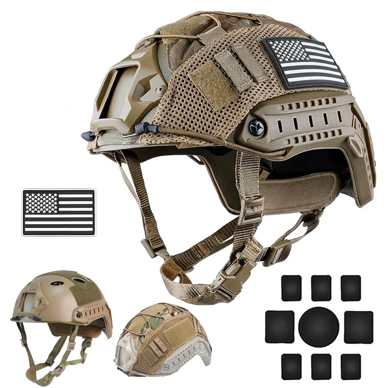 Tactical Fast PJ Helmet with Helmet Cover Pads Airsoft Paintball Combat Training Protection ABS Helmet with Magic Patches view 2