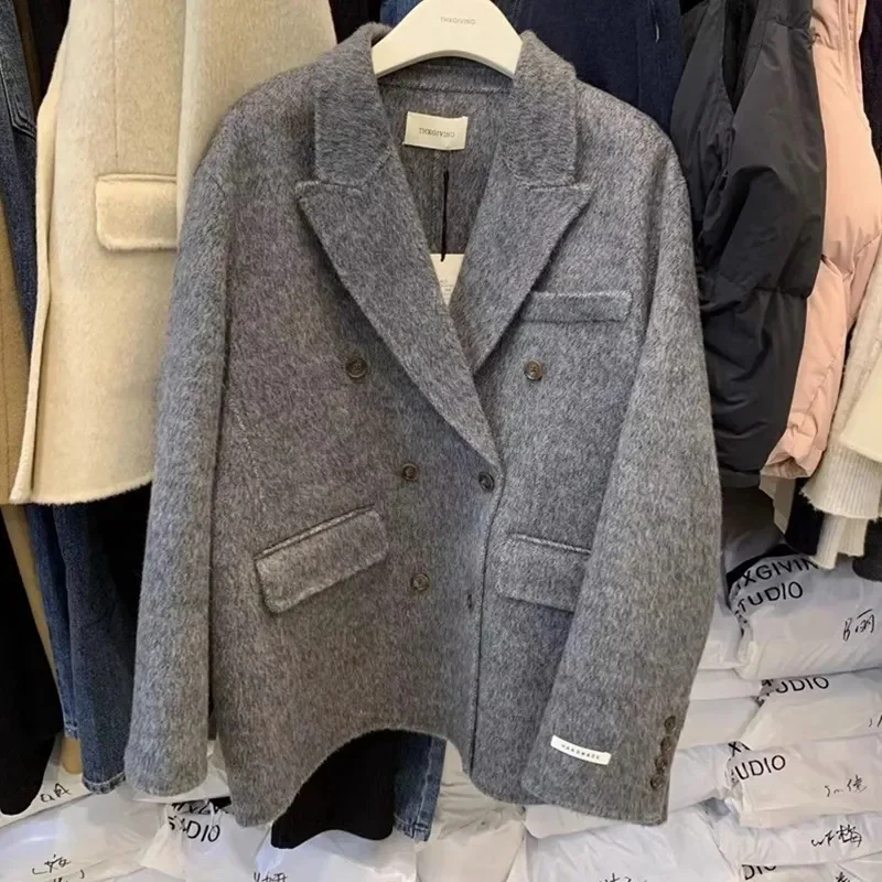 

Korean Women's Wool Coats Suit Double-breasted Loose Thicken Extra Large Overcoat High Quality Fashionable