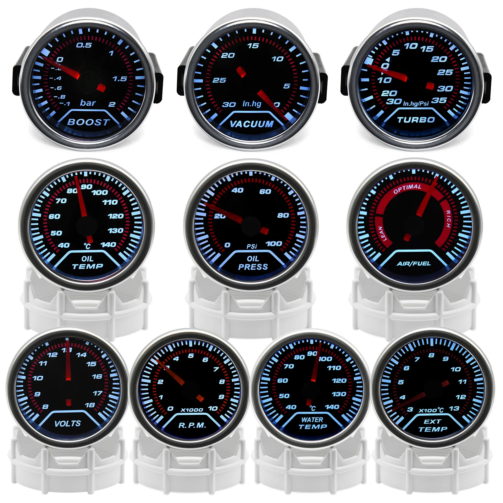 Car Gauge 52MM Water Temp Oil Temp Oil Press Voltmeter Vacuum Tachometer RPM Boost Gauge Air Fuel Ratio EGT Gauge for 12V Car