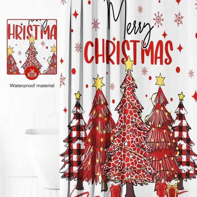 White Red Plaid Christmas Tree Snowflake Shower Curtain Bathroom Decor No Drilling 12 Hooks Included
