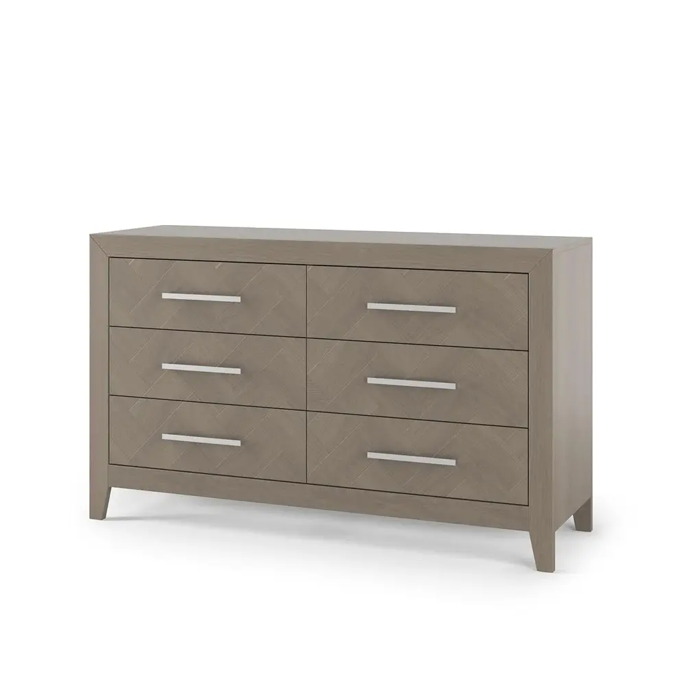 

6-Drawer Wide Transitional Nursery Dresser with Herringbone Fronts and Metal Pulls in Crescent Gray