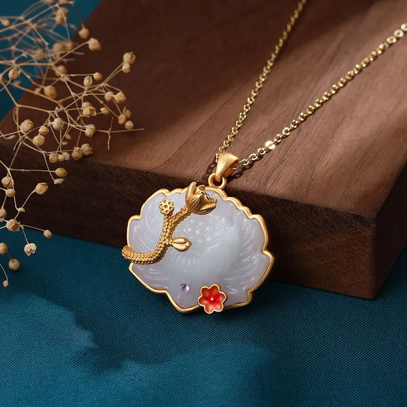 

Classic new in natural Hetian jade lotus pendant necklace enamel small flower Chinese style exquisite jewelry for women