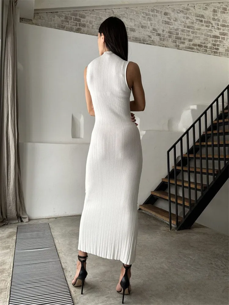 Solid Color Stripe Knitted Slim Long Dresses Women Sleeveless Half Turtleneck Package Hip Bodycon Dress Female Commuting Vestido