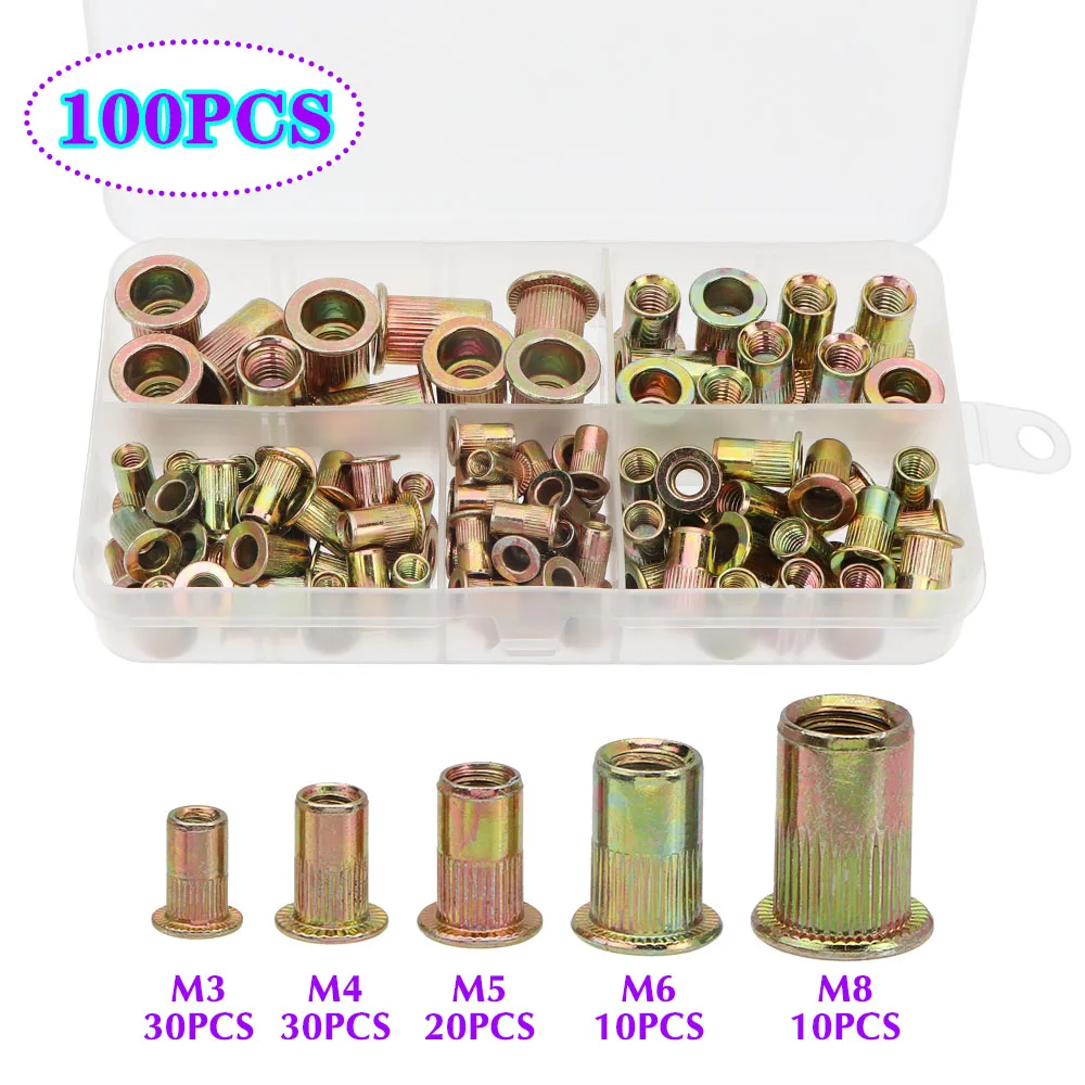 

100pcs Carbon Steel Rivet M3 M4 M5 M6 M8 Flat Rivet Nuts Set Nuts Insert Reveting Multi Size Collocation