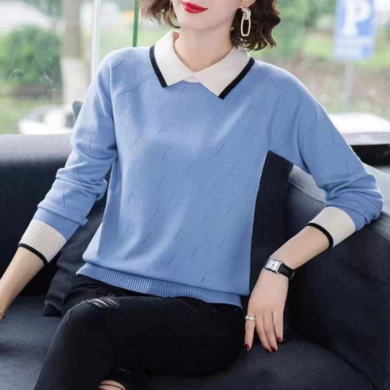 Doll Collar Base Knitted Women\'s 2024 New Contrast Color Spring Autumn Korean Version Loose Slimming Top Long Sleeved Sweaters