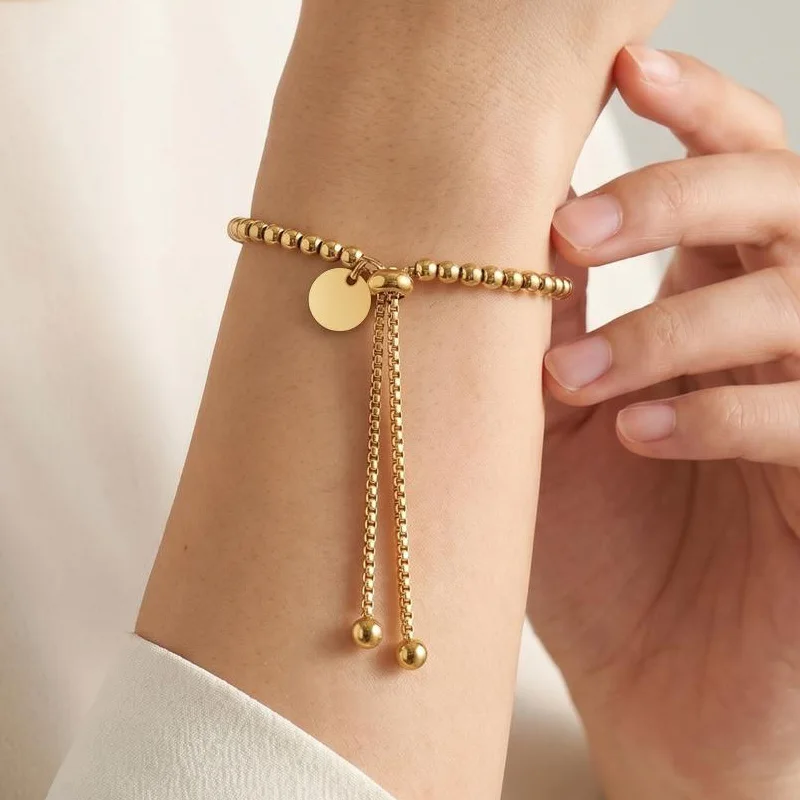 Perlenarmband aus Rostfreiem Stahl mit Kugelkette, Verstellbarem Schiebeverschluss und Charm-Anhänger für Damen