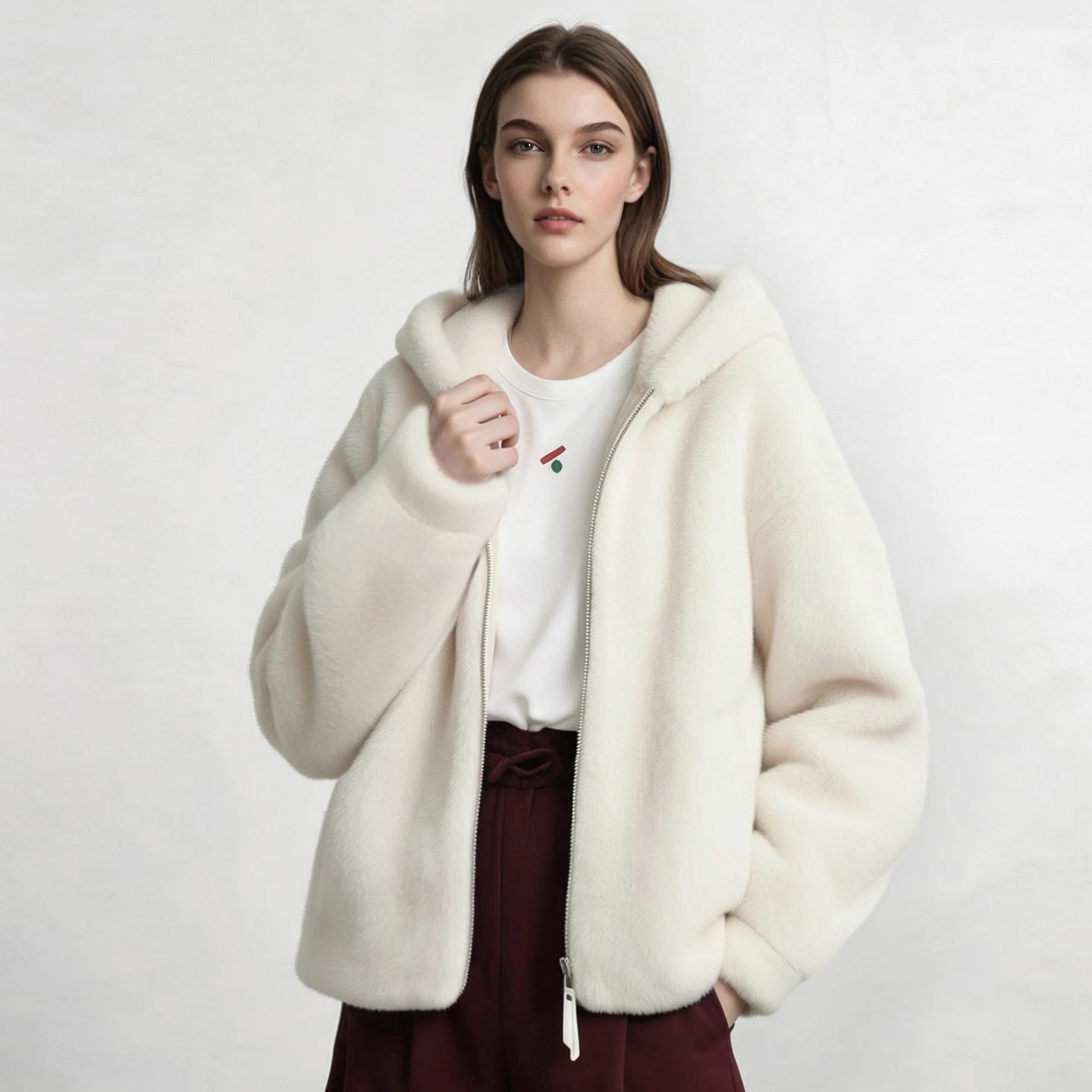 Amii Hooded Faux Fur Mink Coat Women Lantern Sleeve Warm Jacket Loose Commuter Minimalist 2026 Woman Winter Warm Coats 12614015