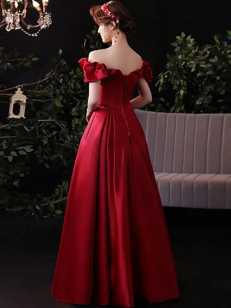 Wine Red Satin Dress Women Spring Summer New Solid Color Strapless Long A-line Skirt Elegant Female Clothing M121