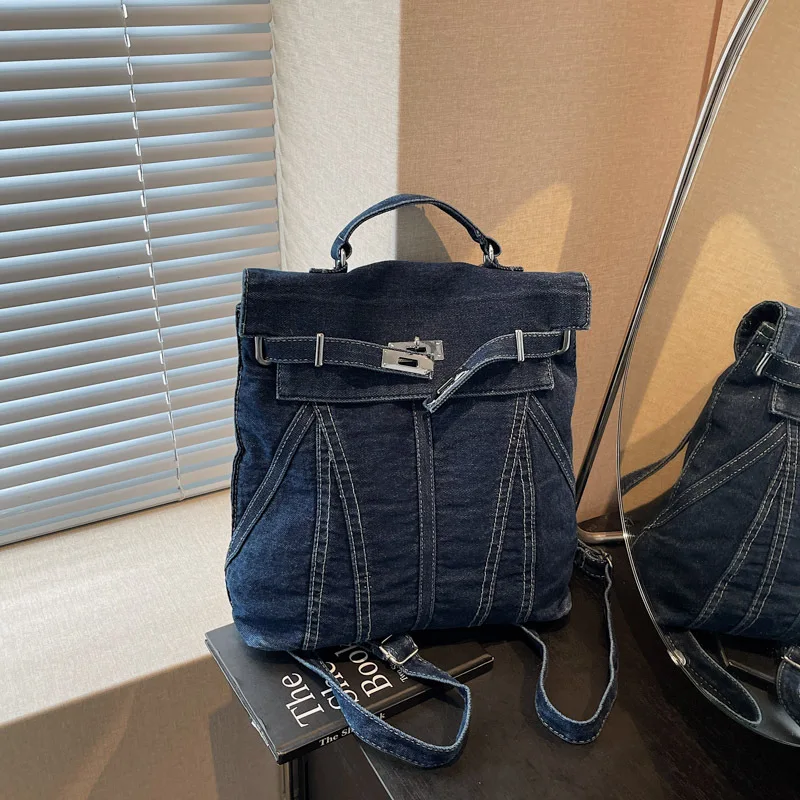 New retro British style denim backpack with female niche design, stylish and personalized single shoulder bag