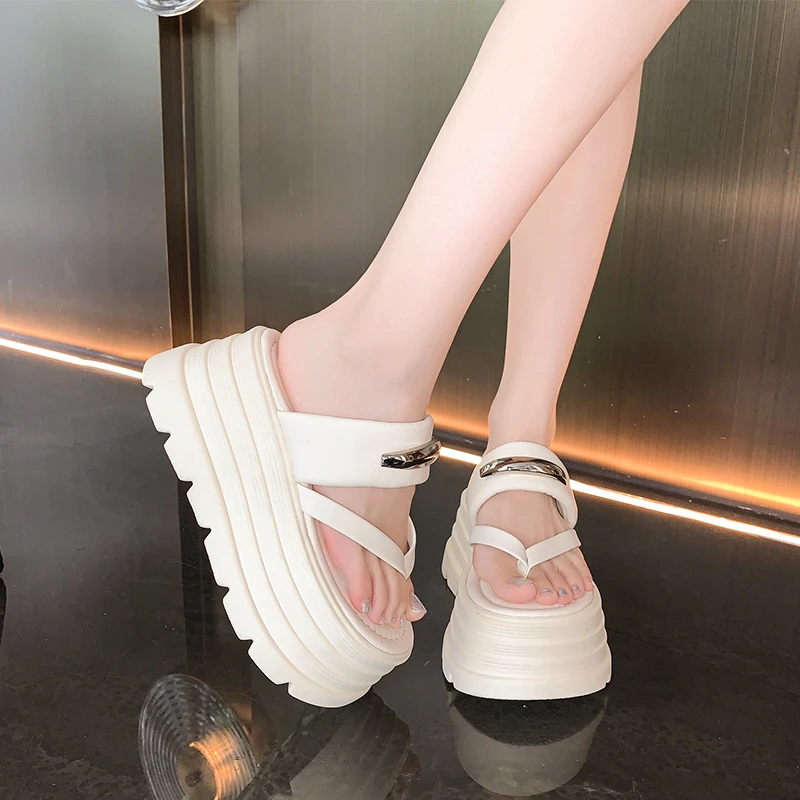 2024 New Summer Platform Wedges Slippers 8CM Heels Peep Toe Sandals Ladies Beach Flats Shoes Women Moccasins Leather Flip Flops