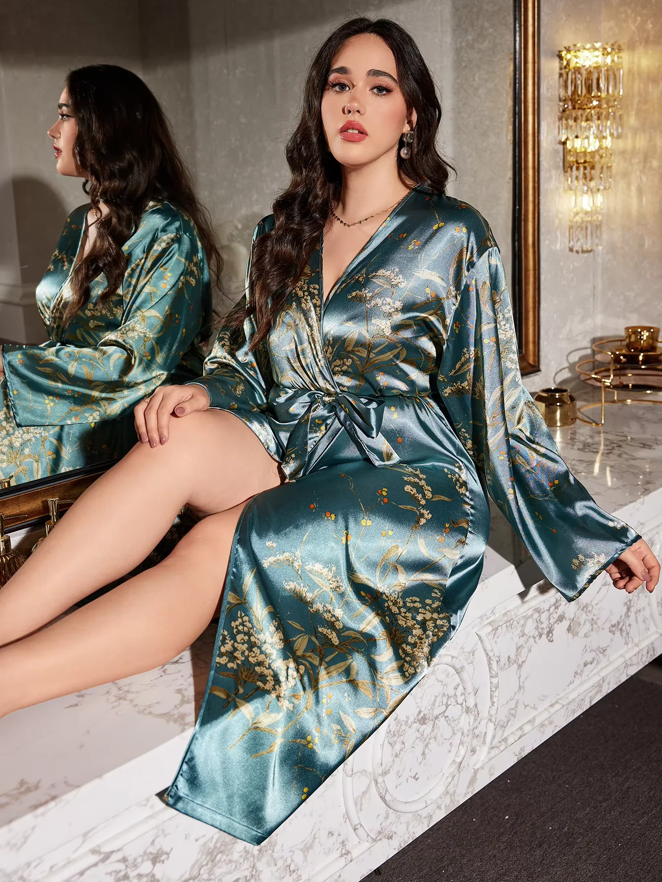 

Plus size Women's clothing Random Cherry Print Robe Casual Comfort Lace up Loungewear Breathable Coat for women