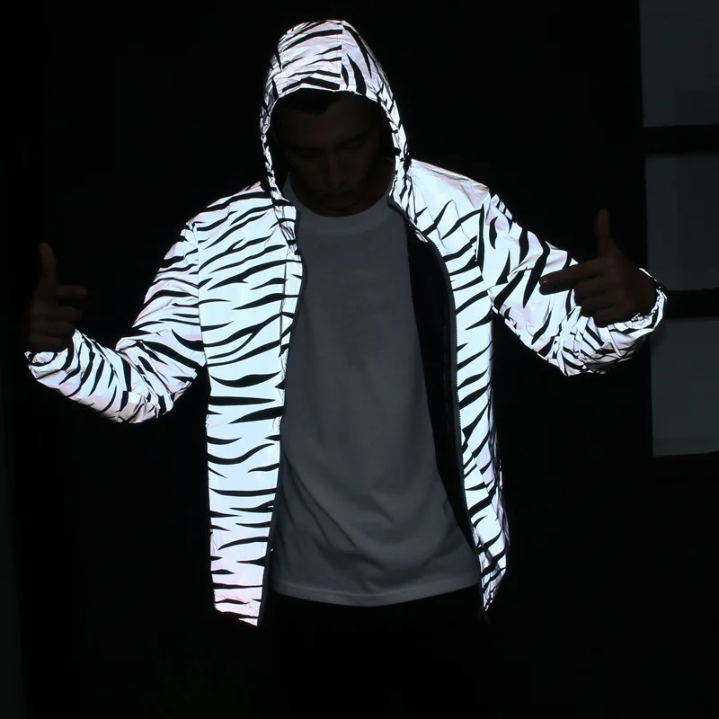 2026 New Reflective Zebra Print Hooded Jacket 2026 Autumn New Y2k Streetwear Fashion Harajuku High Street Hip-hop Zipper Jacket