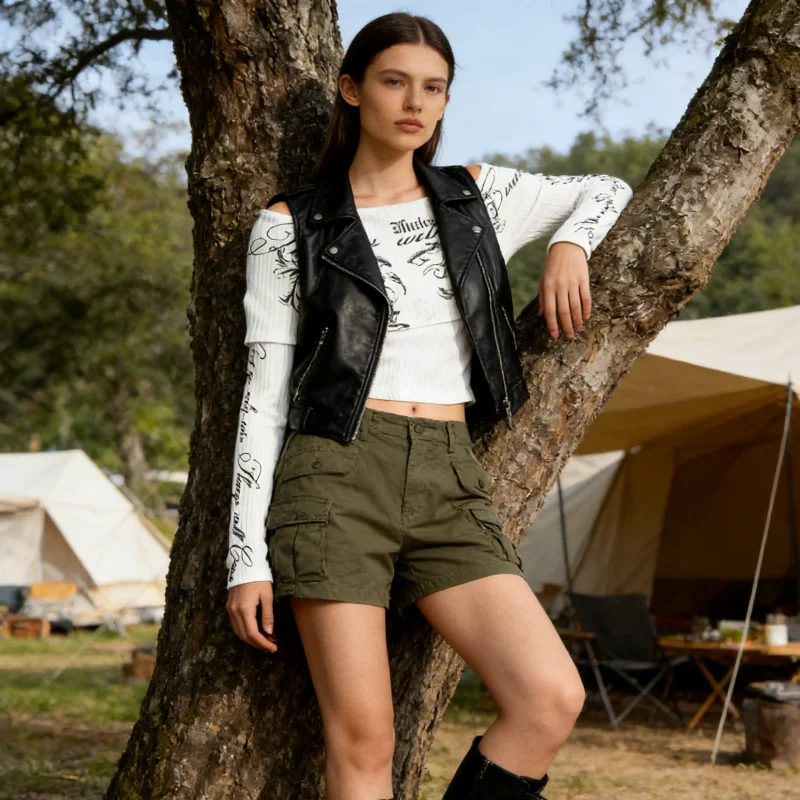 

Subculture white fake two-piece one-shoulder long-sleeved top, Gothic-style letter-printed short crop T-shirt