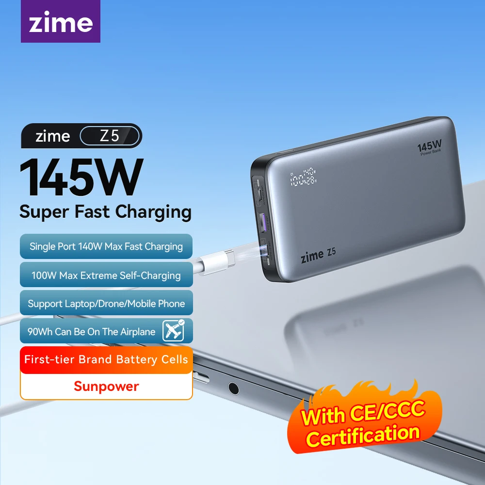 

zime Z5 25000mAh 145W Power Bank PD Fast Charging For Laptop Phone Notebook High-wattage Portable External Battery LED Display