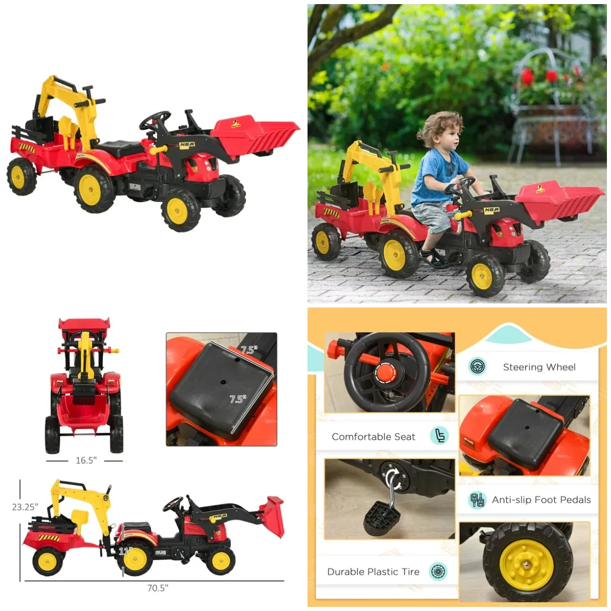أطفال ركوب على لعبة حفارة دواسة بالطاقة حفار مع 6 عجلات مقطورة قابلة للفصل يمكن السيطرة عليها دلو للأعمار من 3 إلى 6 سنوات