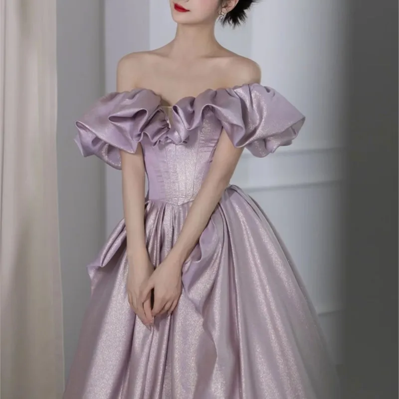 Purple toast wear niche host graduation art test satin one-shoulder dress