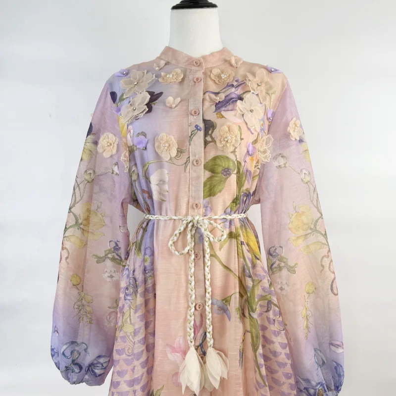 Retro Floral V-ne Belted Maxi Dr Autumn New Sle Ele Holiday Wind Large Swing Slimming High Waist Polyester Fiber L...