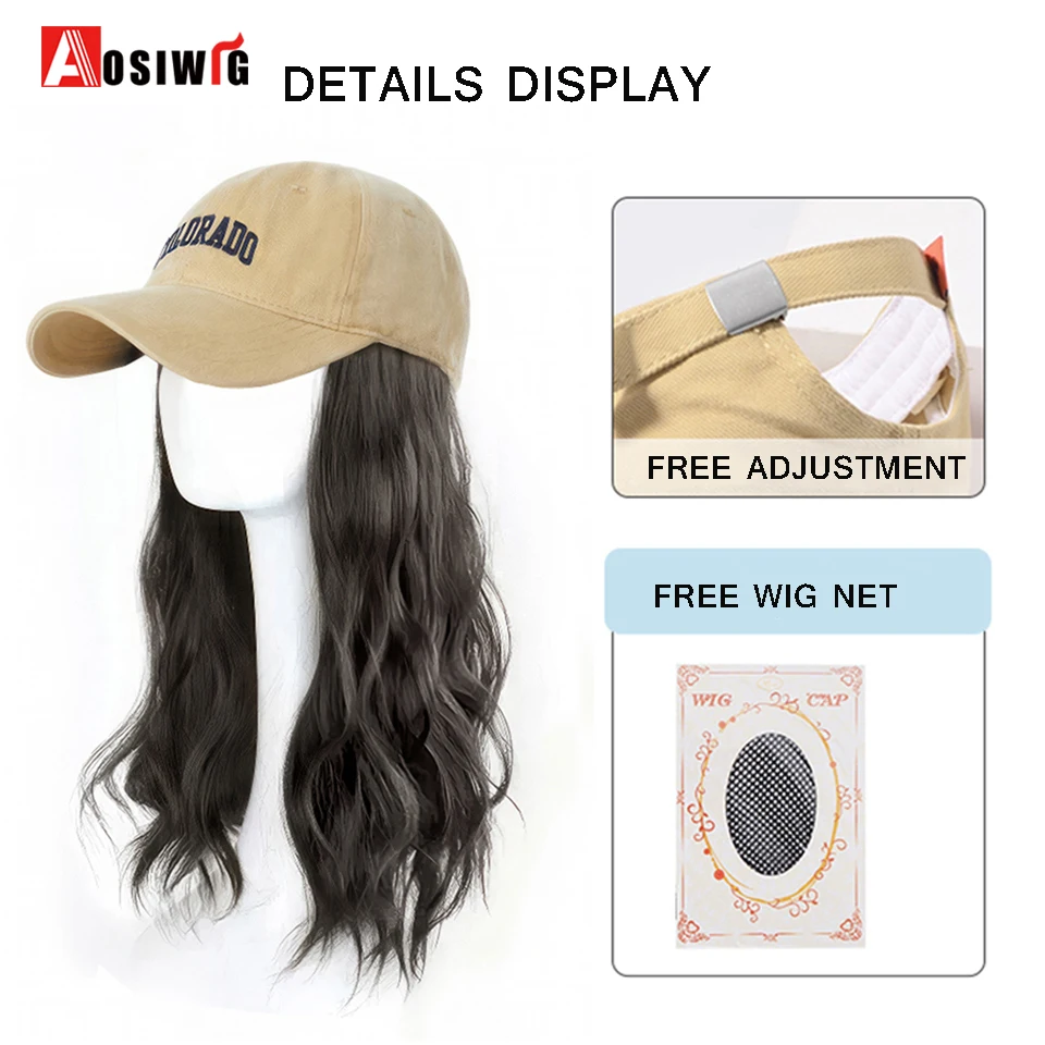 Long Wavy Synthetic Wig Baseball Rice White Cap With Hair Extensions Hat Wigs Natural Black Connect Wig Adjustable For Women