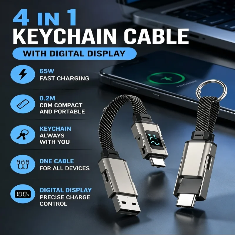 4 in 1 Key Chain Digital Display Four-in-one PD Fast Charging Cable, Suitable for Apple and Huawei Type-C 5A Mobile Phone Data C