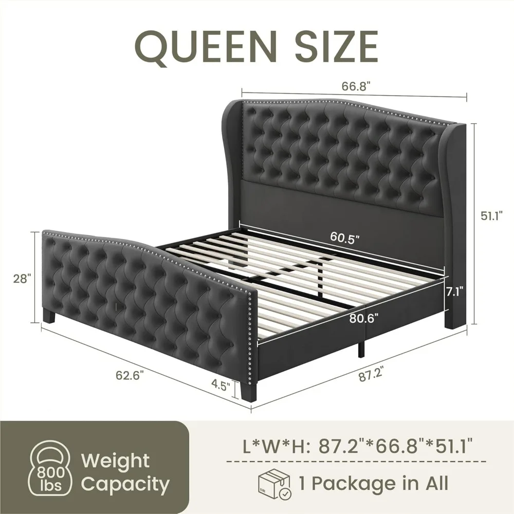 Bed Frame Velvet Platform Bed Wingback Headboard Footbaord Upholstered Beds Deep Button Tufted with Wood Slats Support