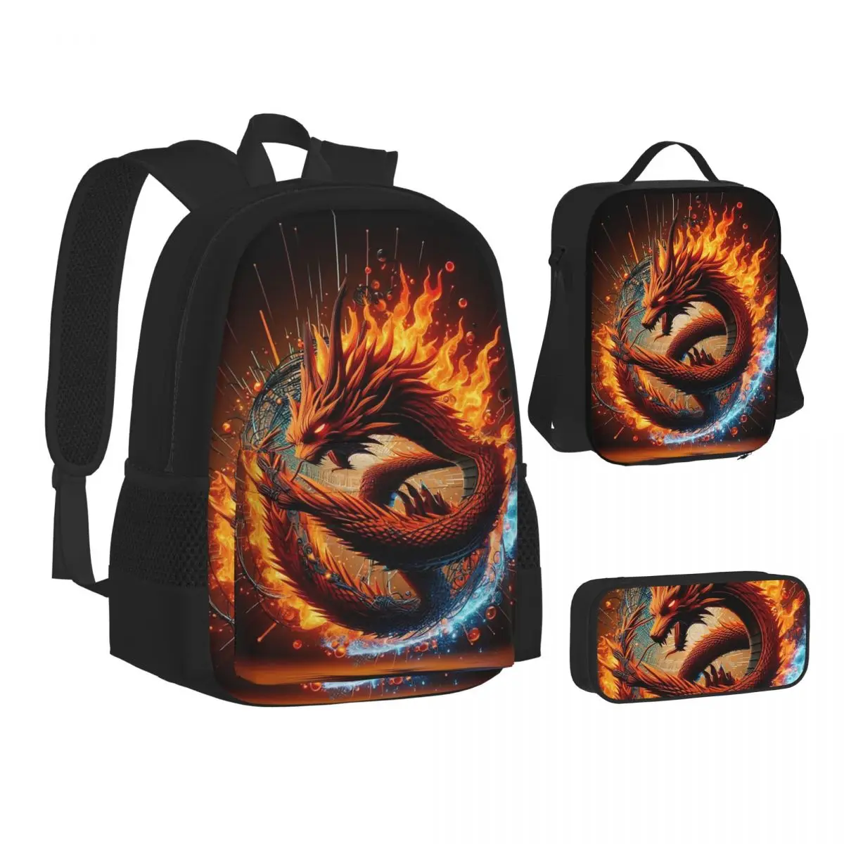 

Dragon Portrait Backpacks Students Bookbag School Bags Children Rucksack Lunch Bag Pen Bag Three-Piece Set