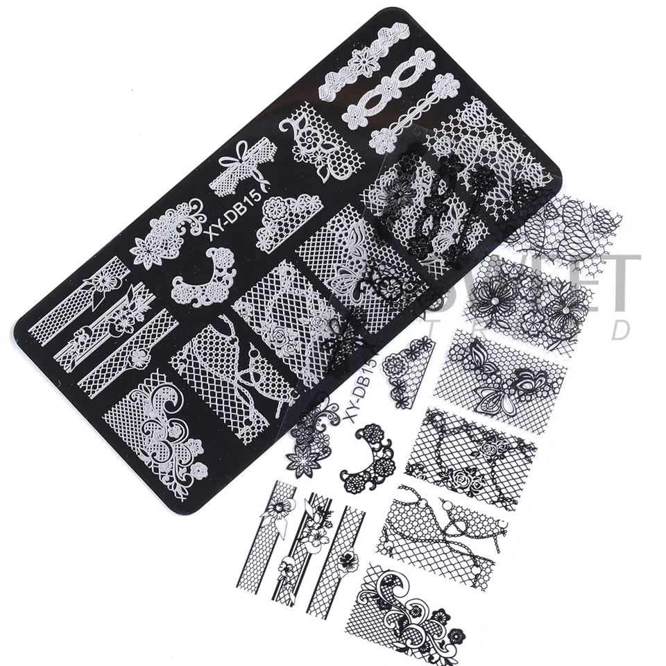 Placa de estampado para uñas de boda, patrón romántico elegante de encaje, flores, cintas y mariposas, molde de transferencia para manicura 5